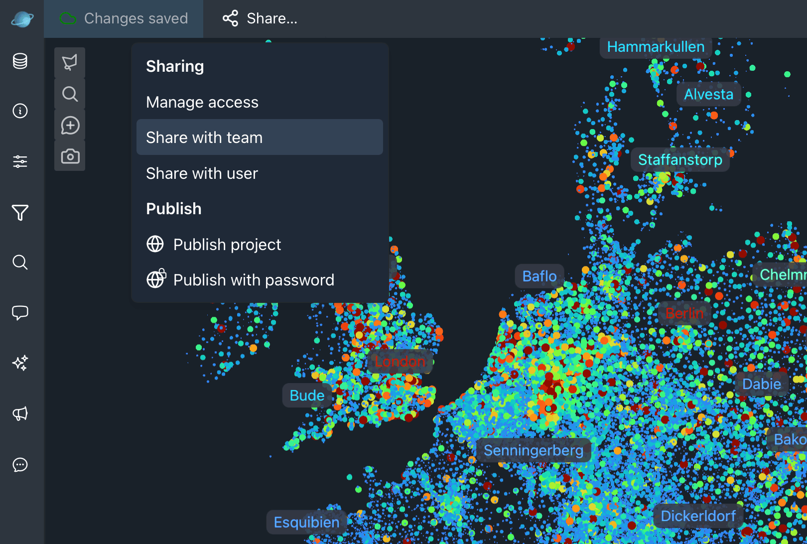 Cosmograph project sharing menu with a team-share option and a graph discussion